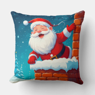 Santa Claus Waving Joyfully in Chimney Throw Pillow