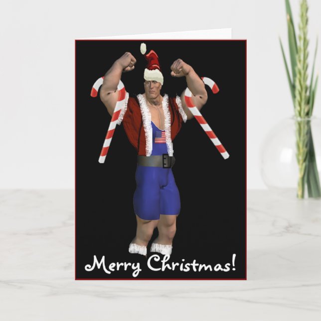 Santa Claus Weightlifter Merry Christmas Card (Front)