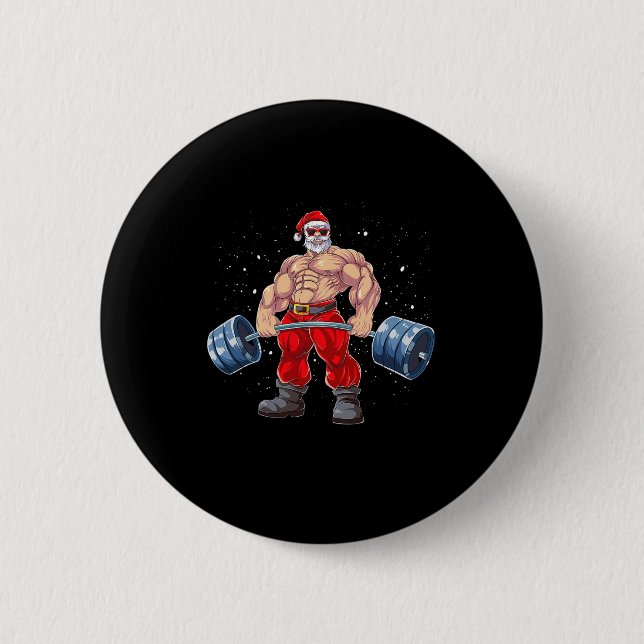 Santa Claus Weightlifting Fitness Christmas Bodybu 2 Inch Round Button (Front)