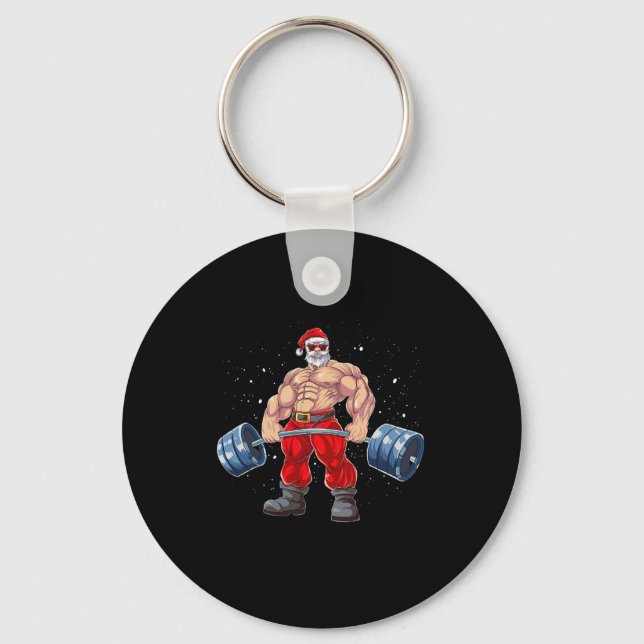 Santa Claus Weightlifting Fitness Christmas Bodybu Keychain (Front)