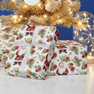Santa Claus Winter Berries Modern Christmas Wrapping Paper