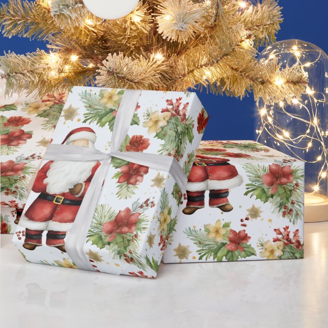 Santa Claus Winter Berries Modern Christmas Wrapping Paper (Holidays)