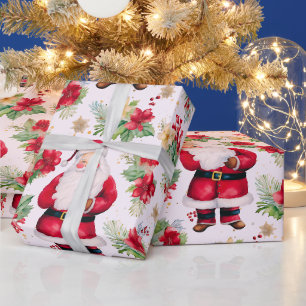 Santa Claus Winter Berries Modern Christmas Wrapping Paper