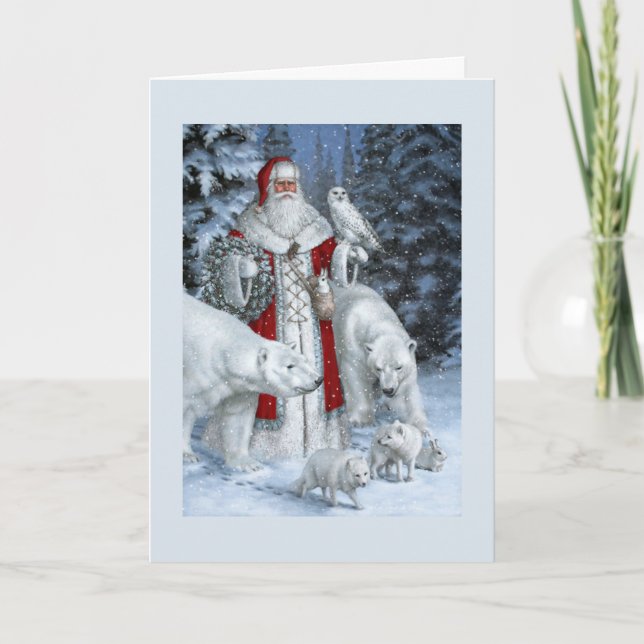 Santa Claus With An Owl And Polar Bears Holiday Card (Front)
