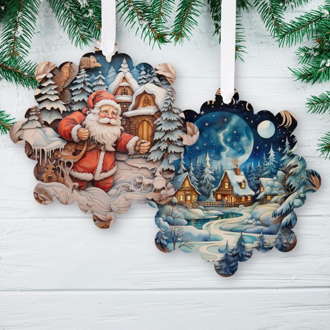 Santa Claus with bag on winter village night Ornament Card (Creator Uploaded)