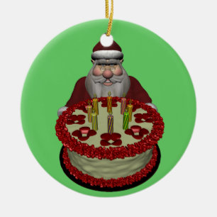 Santa Claus With Birthday Cake Ceramic Ornament