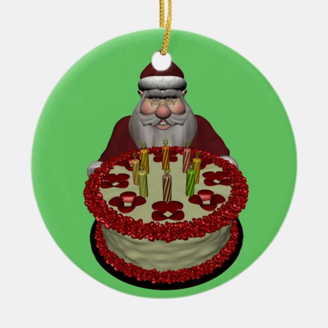 Santa Claus With Birthday Cake Ceramic Ornament (Front)