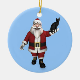 Santa Claus With Black Cat Ceramic Ornament