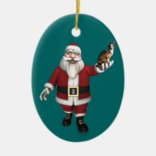 Santa Claus With Calico Cat Ceramic Ornament
