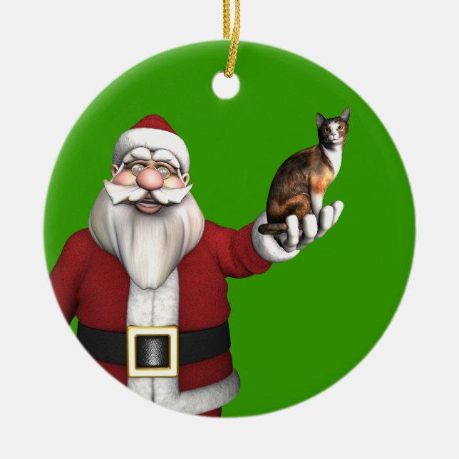 Santa Claus With Calico Cat Ceramic Ornament (Front)