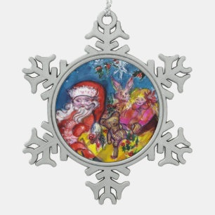 SANTA CLAUS WITH CHRISTMAS GIFT SACK AND TOYS SNOWFLAKE PEWTER CHRISTMAS ORNAMENT
