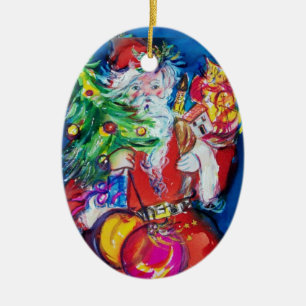 SANTA CLAUS WITH CHRISTMAS TREE AND GIFTS Red Ruby Ceramic Ornament