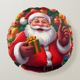 Santa Claus with Christmas Tree and Gifts Round Pillow