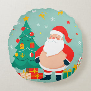 Santa Claus with Christmas Tree and Gifts Round Pillow
