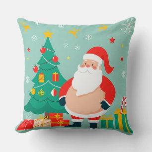 Santa Claus with Christmas Tree and Gifts Throw Pillow