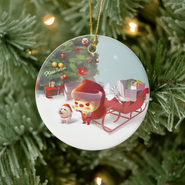 Santa Claus with Christmas Tree Ceramic Ornament (Tree)