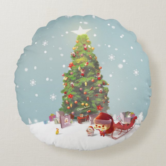 Santa Claus with Christmas Tree Round Pillow (Front)