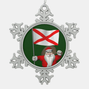 Santa Claus With Ensign Of Alabama Snowflake Pewter Christmas Ornament