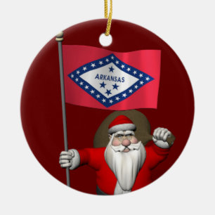Santa Claus With Ensign Of Arkansas Ceramic Ornament