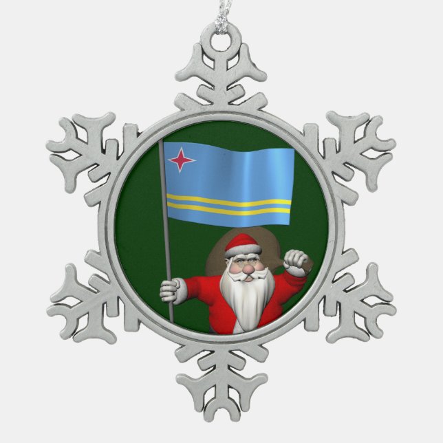 Santa Claus With Ensign Of Aruba Snowflake Pewter Christmas Ornament (Front)