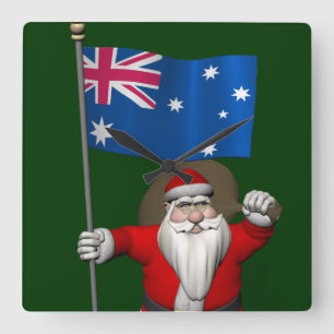 Santa Claus With Ensign Of Australia Square Wall Clock