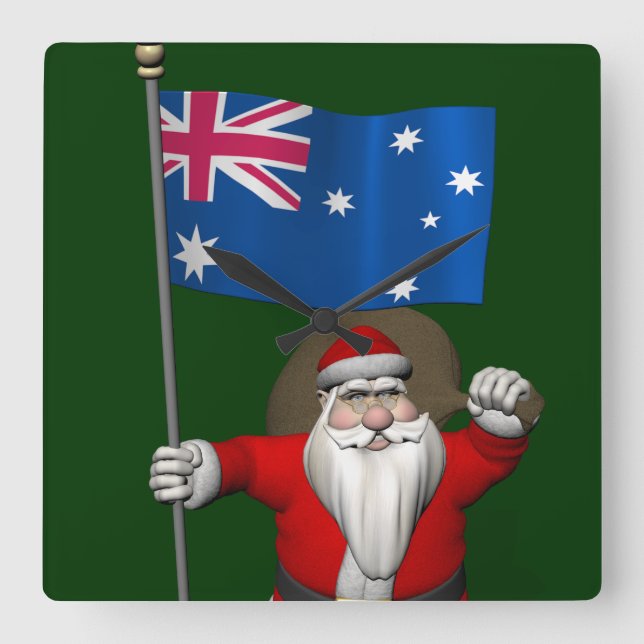 Santa Claus With Ensign Of Australia Square Wall Clock (Front)