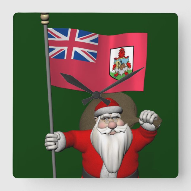 Santa Claus With Ensign Of Bermuda Square Wall Clock (Front)