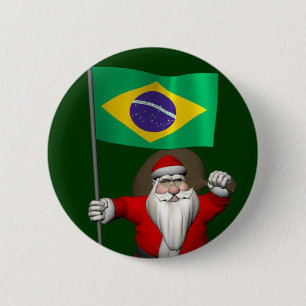 Santa Claus With Ensign Of Brazil 2 Inch Round Button