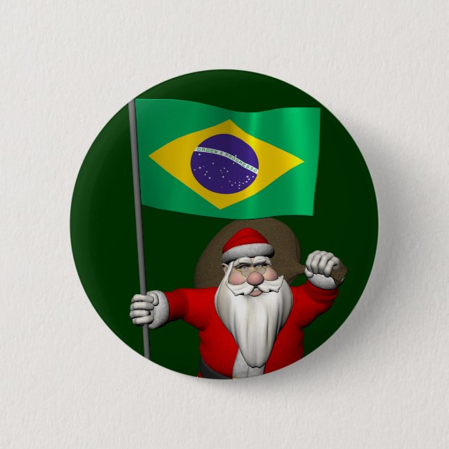 Santa Claus With Ensign Of Brazil 2 Inch Round Button (Front)