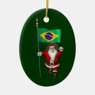 Santa Claus With Ensign Of Brazil Ceramic Ornament