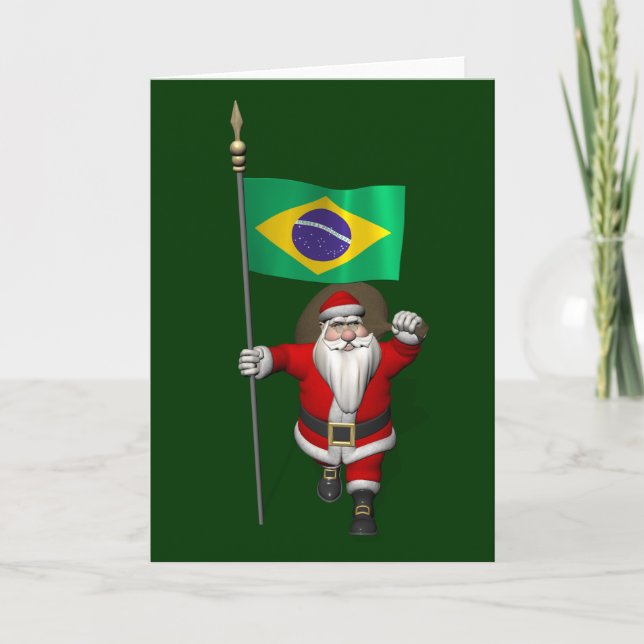 Santa Claus With Ensign Of Brazil Holiday Card (Front)