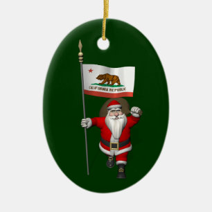 Santa Claus With Ensign Of California Ceramic Ornament