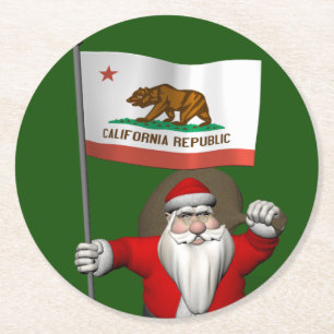 Santa Claus With Ensign Of California Round Paper Coaster