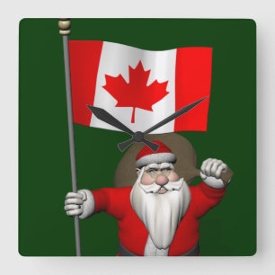 Santa Claus With Ensign Of Canada Square Wall Clock