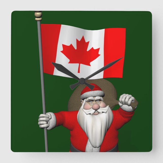 Santa Claus With Ensign Of Canada Square Wall Clock (Front)