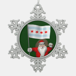 Santa Claus With Ensign Of Chicago Snowflake Pewter Christmas Ornament