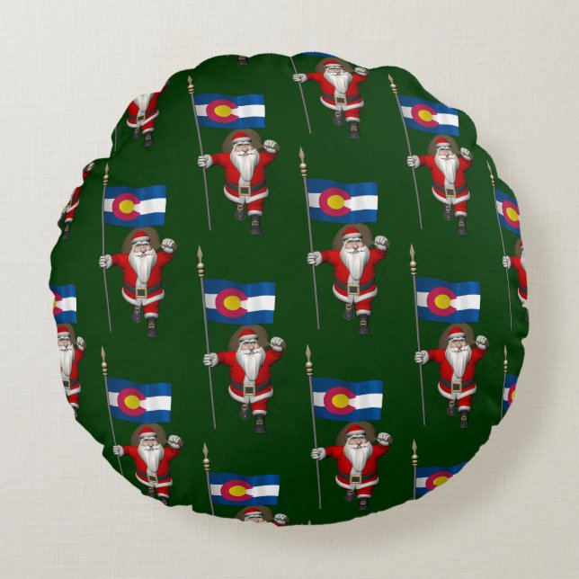 Santa Claus With Ensign Of Colorado Round Pillow (Front)