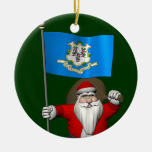 Santa Claus With Ensign Of Connecticut Ceramic Ornament