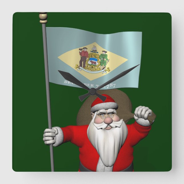Santa Claus With Ensign Of Delaware Square Wall Clock (Front)