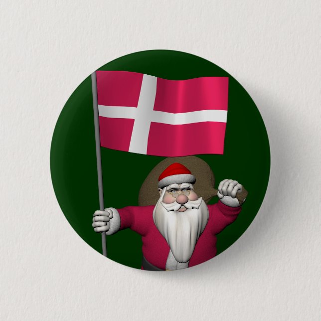Santa Claus With Ensign Of Denmark Dannebrog 2 Inch Round Button (Front)