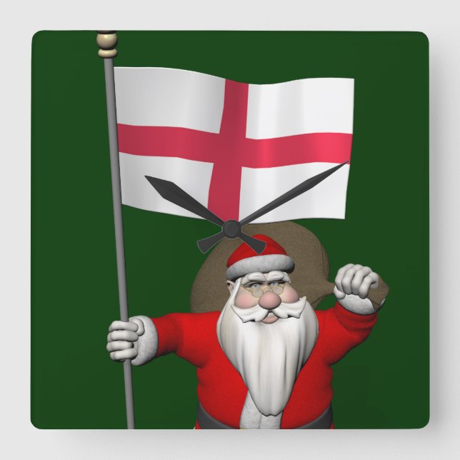 Santa Claus With Ensign Of England Square Wall Clock (Front)