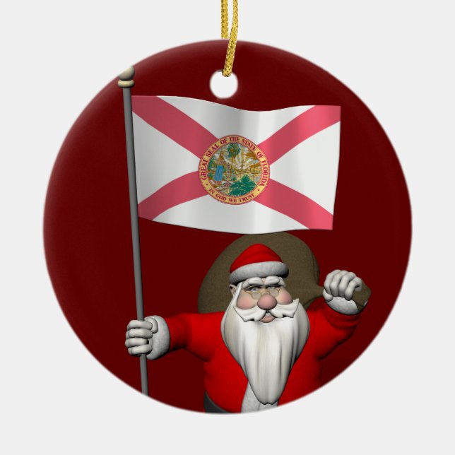 Santa Claus With Ensign Of Florida Ceramic Ornament (Front)