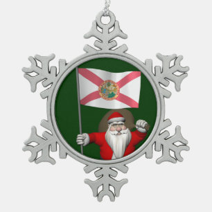 Santa Claus With Ensign Of Florida Snowflake Pewter Christmas Ornament