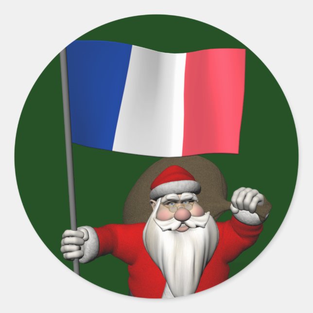 Santa Claus With Ensign Of France Classic Round Sticker (Front)