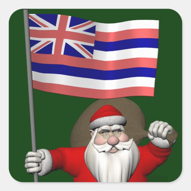 Santa Claus With Ensign Of Hawaii Square Sticker (Front)