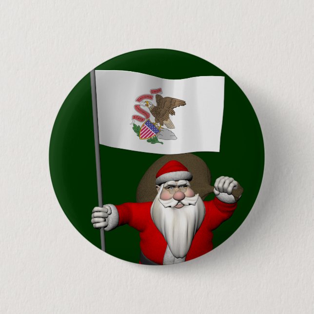 Santa Claus With Ensign Of Illinois 2 Inch Round Button (Front)