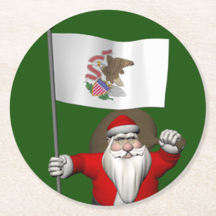 Santa Claus With Ensign Of Illinois Round Paper Coaster