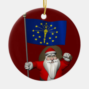 Santa Claus With Ensign Of Indiana Ceramic Ornament
