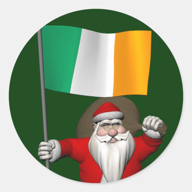 Santa Claus With Ensign Of Ireland Classic Round Sticker (Front)