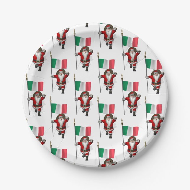 Santa Claus With Ensign Of Italy Paper Plate (Front)
